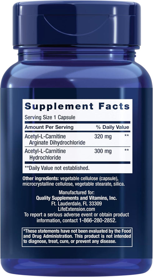 Life Extension Acetyl-L-Carnitine Arginate - Advanced Amino Acid Carnitine Supplement for Memory, Cognition, Cell Energy & Brain Health Support – Gluten-Free, Non-GMO – 90 Capsules