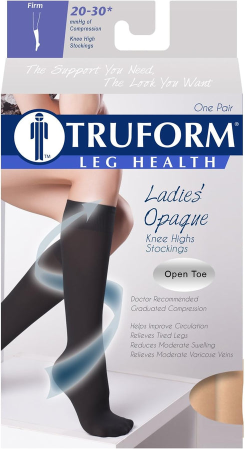 Truform Women's Compression Stockings - 20-30 mmHg, Knee High Length, Open Toe, Opaque, Beige, Large
