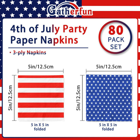 Gatherfun American Flag Patriotic Party Supplies - Disposable Paper Napkins for Veterans Day, 40 Pack of Stars + Stripes