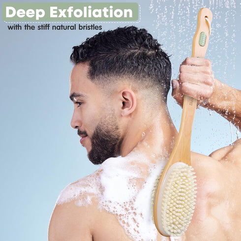 Body Scrubber with Soft and Stiff Natural Bristles, Dual-Sided Long Handle Shower Brush for Bath