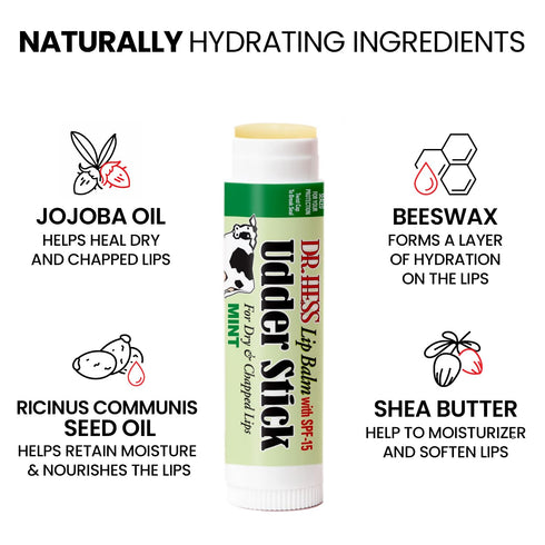 Original Udder Stick SPF Lip Balm, Mint Flavor, 4 Pack, Total Lip Care with Jojoba, Beeswax & Shea Butter