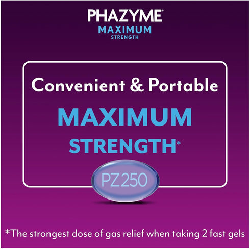 Phazyme Gas Relief, Maximum Strength for Adults, 250 mg Simethicone Fast Gels, 24 Count.