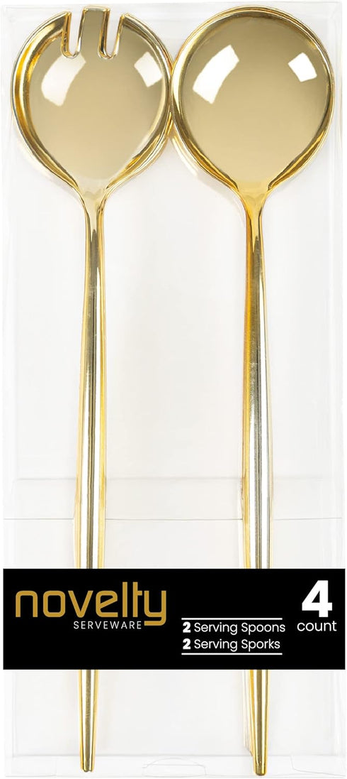 Party Bargains 4 Pack Disposable Novelty Serving Spoon & Spork, Gold, Plastic Kitchen Utensils for Buffet, Catering