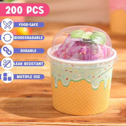 Jingmore 100 Count (6 oz) Paper Ice Cream Cups with Clear Dome Lids Disposable Dessert Cups Bulk Dessert Bowls Sundae