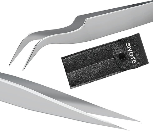 Sivote Eyelash Tweezers, 2-Pack, Stainless Steel Lash Tweezers for Eyelash Extensions, Matte Silver