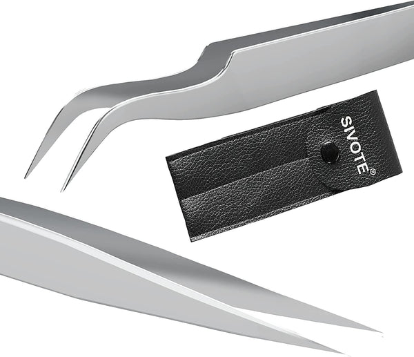 Sivote Eyelash Tweezers, 2-Pack, Stainless Steel Lash Tweezers for Eyelash Extensions, Matte Silver