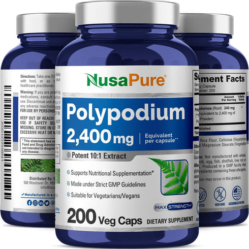 NusaPure Polypodium Leucotomos Extract 2400mg, 200 Veggie Capsules - Vegetarian, Non-GMO, Vegan