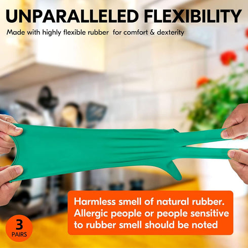 Vgo... 3-Pairs Reusable Household Gloves, Rubber Dishwashing Gloves, Extra Thickness, Long Sleeves for Cleaning and