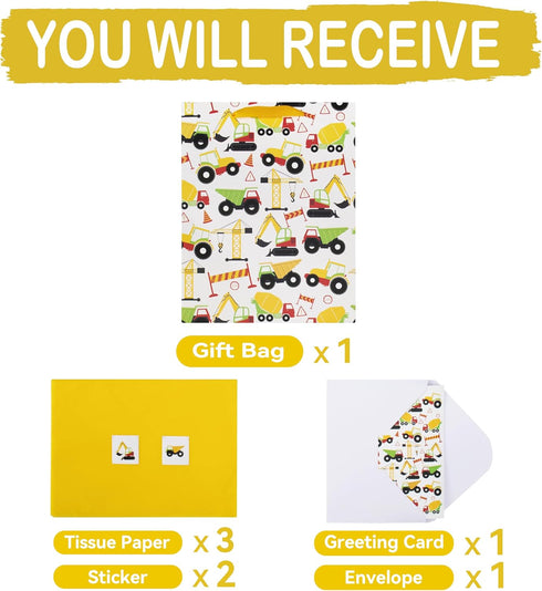 wishinside 13" Set -10.2x5.2x13, 1 Large Construction Vehicle Gift Bag with Greeting Card and Tissue Paper (Yellow Car