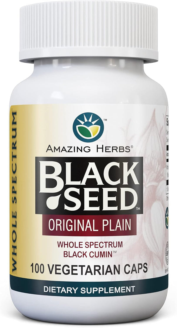 Amazing Herbs Whole Spectrum Black Seed Original Plain, 100 Count, Vegetarian Capsules, Gluten Free, Non-GMO