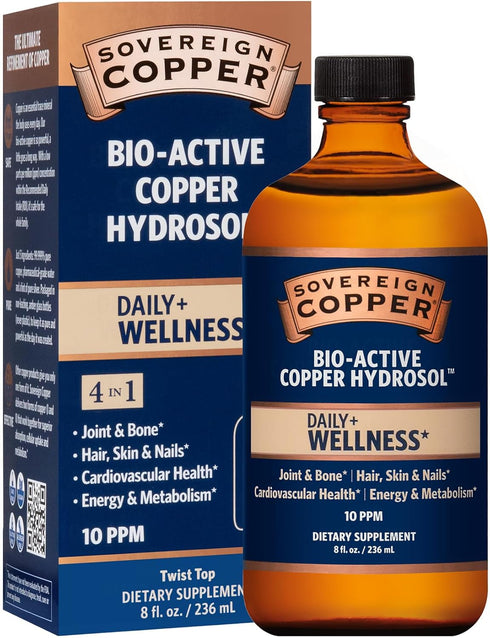 Sovereign Copper Bio-Active Hydrosol, Daily+ 4-in-1 Wellness Supplement for Joint, Hair, Skin, Cardiovascular Health,