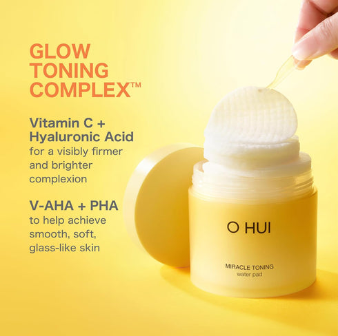 OHUI Miracle Toning Dual Sided Toner Pads, Exfoliating, Soothing, Moisturizing, Glowing Skin, Hyaluronic Acid, Vitamin