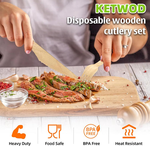 KETWOD 120-Piece Set: 40 40 40 100% Commercial Natural Wooden Cutlery Forks, Knives, Spoons, compostable/biodegradable