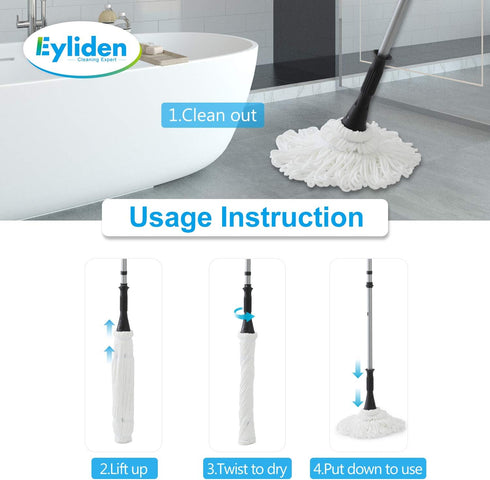 Eyliden Mop with 57.5 inch Long Handle - 2 Reusable Heads, Easy Wringing Twist Mop for Floor Cleaning, Commercial