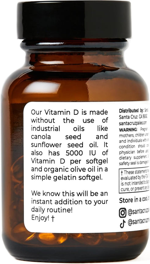 Santa Cruz Paleo Vitamin D Supplement - 5000 i.u. Per Softgel, 60 Softgels, Gluten Free, Immune Support