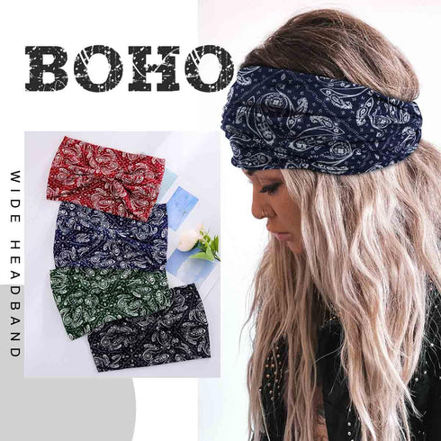 Wide Headbands for Women - Boho Turban Knotted Floral Elastic Non Slip Hairband Workout Yoga Head Scarfs 4Pcs