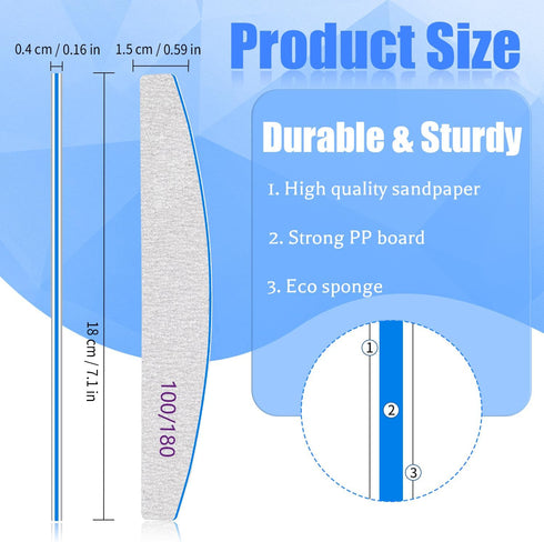 Poly Nail Extension Gel Files 100/180 Grit, 12 PCS Emery Boards for Acrylic Nails, Double-Sided Washable Manicure Tools