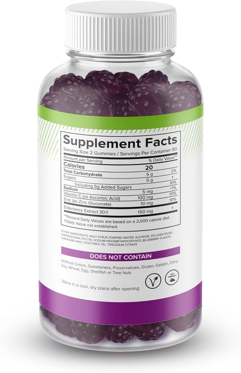 Sambucus Elderberry Gummies - Daily Immune Support Supplement with Vitamin C & Zinc, 180 Vegan Gluten-Free Gummies