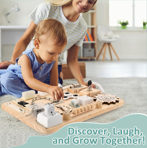 Wooden Busy Board for Toddlers - Montessori Sensory Activity Board for Fine Motor Skills and Early Learning - Travel