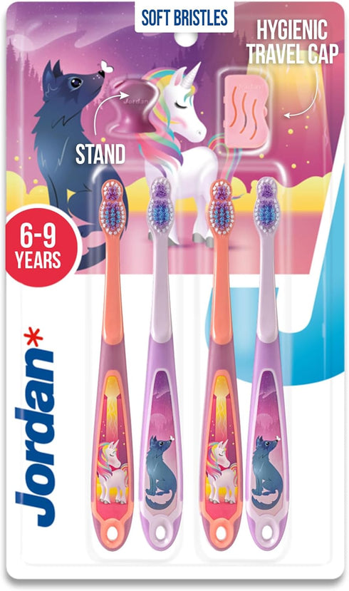 Jordan* Kids Toothbrush 4 Pack | 6-9 Years, Soft Bristles, BPA Free | Blue & Pink Step 3