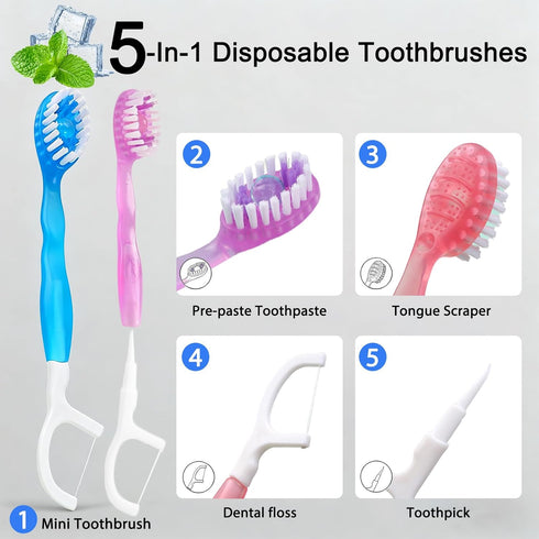 JASUNLEE 20Pack 5-in-1 Mini Disposable Toothbrushes with Toothpaste Tongue Scraper Floss Pick Portable Pre-Pasted