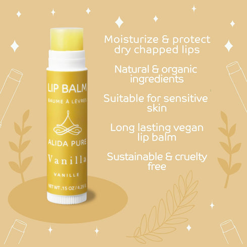 Vegan Vanilla Lip Balm Collection, 3 Tube Set with Organic Jojoba, Avocado Oil, and Vitamin E for Chapped Lips