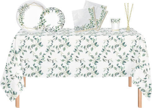 Set 24 Oojami Floral Party Supplies for Eucalyptus Greenery Plates, Cups, Napkins, Straws & Table Covers, Disposable
