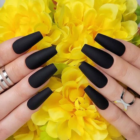 Hypnaughty 24 Pcs Noir Black Matte Luxury Coffin Press on Nails with Glue, Medium Long Solid Black Color