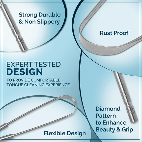 MasterMedi Tongue Cleaner Dental Kit - Surgical Grade Stainless Steel Tongue Scraper Brush - Family Pack (4 pcs) to