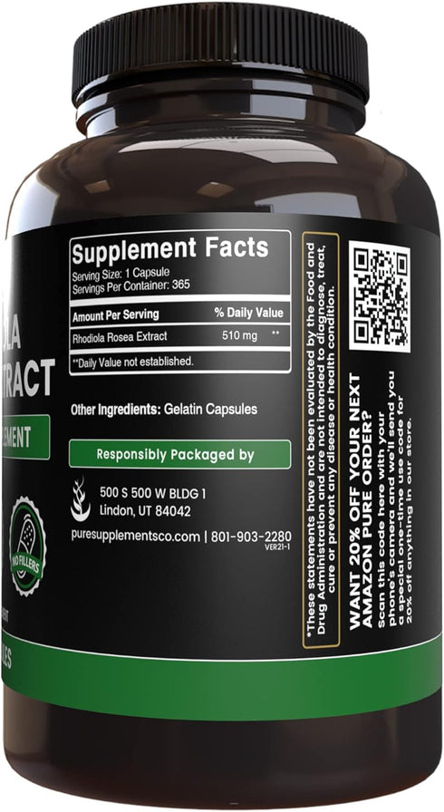 Pure Original Ingredients Rhodiola Rosea (365 Capsules) - No Fillers, Always Pure, Lab Verified