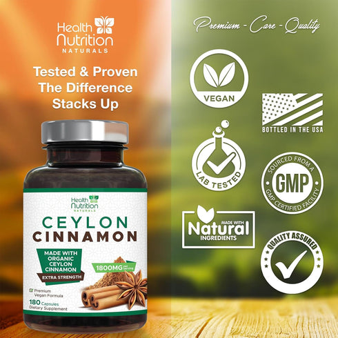 Pure Cinnamon Capsules 1800mg - Certified Organic Ceylon Cinnamon Powder, Non-GMO, Gluten Free, Vegan, 180 Count