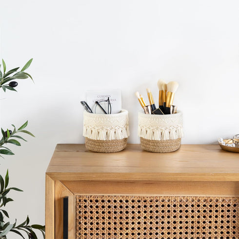 Mkono Macrame Makeup Brush Holder Organizer Comb Brushes Mini Storage Basket Set of 2 Boho Decor Baskets for Pen Pencil Box Container,Yellow and White