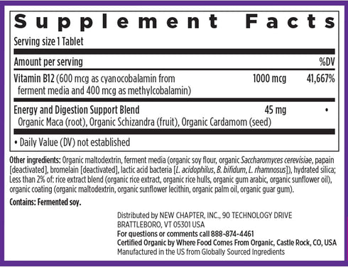 New Chapter Fermented Vitamin B12 1,000 mcg, USDA Organic, ONE Daily for Cellular Energy - 60 Count
