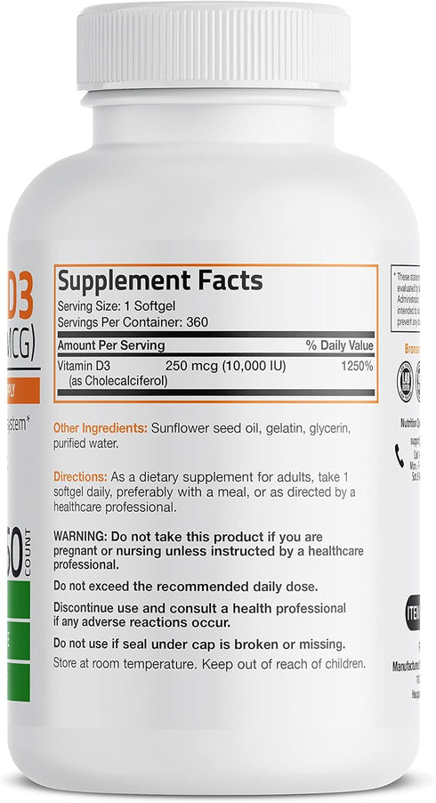 Bronson Vitamin D3 10,000 IU (250 mcg) High Potency - Supports Healthy Immune System, Strong Bones, Muscles & Teeth - Non GMO, 360 Softgels (1 Year Supply)