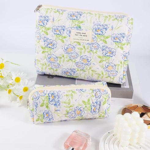 Quilted Cotton Cosmetic Bag, 2Pcs Large Makeup Pouch for Women, Aesthetic Floral Toiletry Bag Gift
