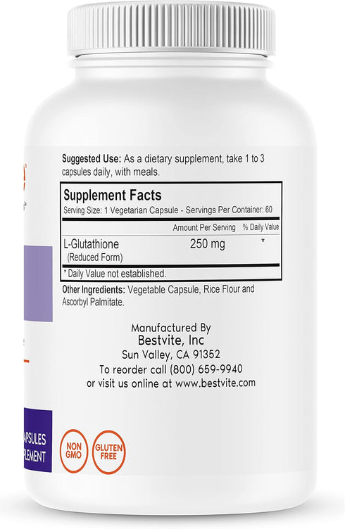 BESTVITE L-Glutathione 250mg (60 Vegetarian Capsules) - No Stearates - Vegan - Non GMO - Gluten Free