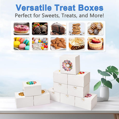 Shallive 4-Inch Small Cookie Boxes, 50 Pcs White Bakery Treat Boxes with Window for Gifting, To-go Containers