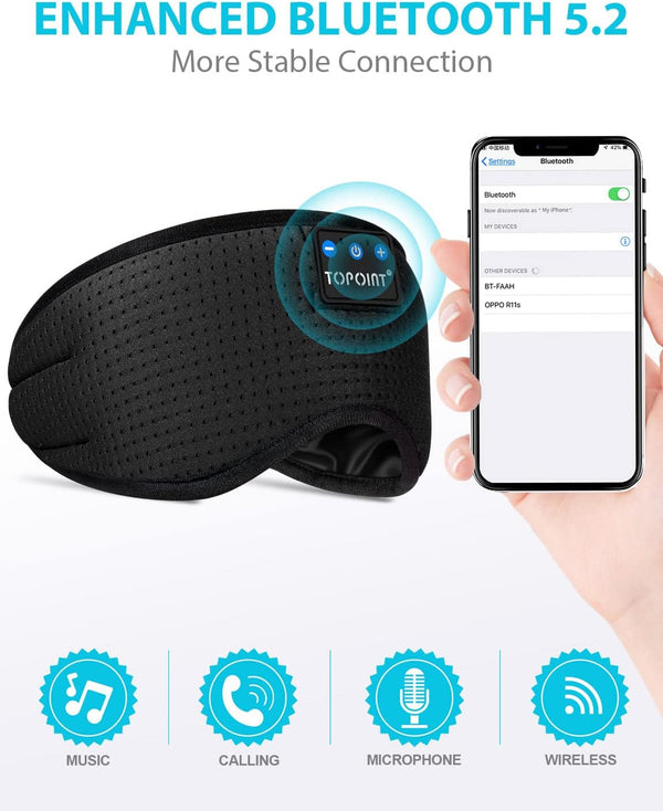 TOPOINT Bluetooth Sleep Mask, Eye Mask with Wireless Headphones, Silk Sleeping Eye Cover, Travel Music Headsets