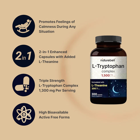NatureBell L Tryptophan 1300mg, L Theanine 200mg, 300 Capsules | Plant Based Supplement for Calm