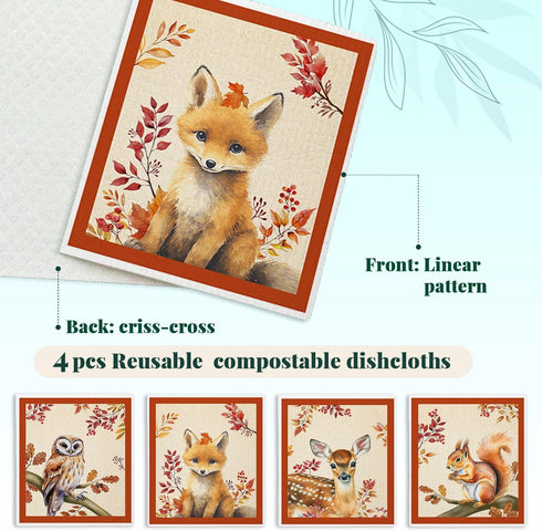 LARTSFRO 4 Pack Cute Animal Swedish Dishcloths for Kitchen Cloths Towels, Cute Deer Fox Owl Squirrel Autumn Farm House