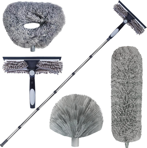4 Pack High Reach Dusting Kit with 20+ Feet, 3-14 ft Spliceable Pole, 2 in 1 Window Cleaning Kit, Ceiling Fan Duster
