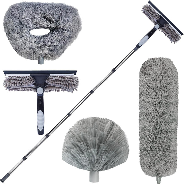 4 Pack High Reach Dusting Kit with 20+ Feet, 3-14 ft Spliceable Pole, 2 in 1 Window Cleaning Kit, Ceiling Fan Duster