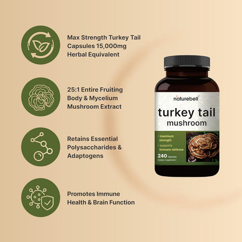 NatureBell Turkey Tail Mushroom Capsules 15,000mg, 240 Count | 25:1 Fruiting Body & Mycelium Extract Supplement