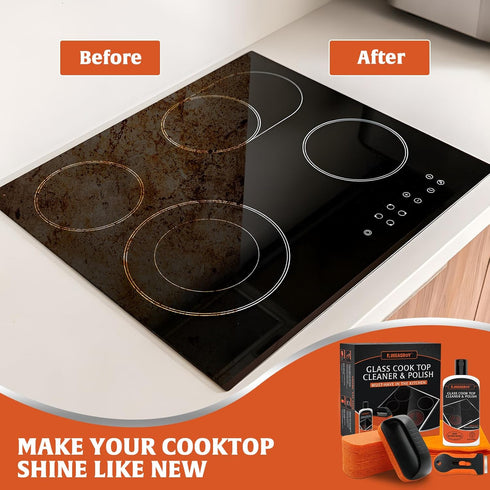 Glass Stove Top Cleaner Kit 12 oz, Non-Abrasive Cooktop Cleaner and Polish with Scrubbing Pad, Handle, Scraper, Cloth