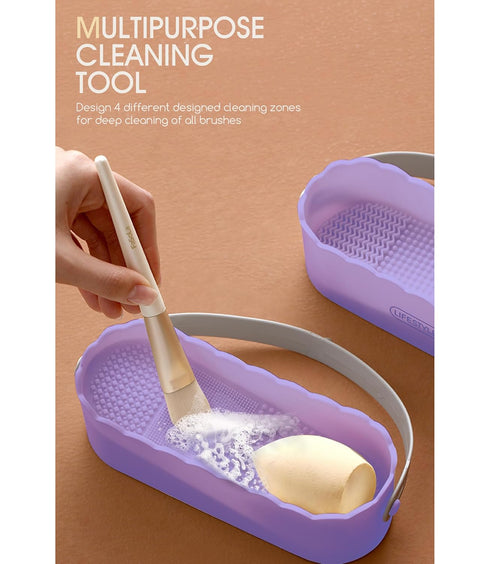 Makeup Brush Cleaning Tool with Drying Holder Mat, Organizer Storage Box for Makeup Sponges (Purple)
