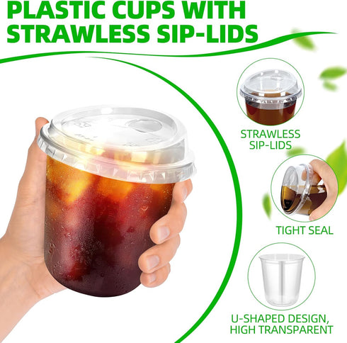RMERVE 50 12 oz) Pcs Plastic Coffee Cups with Sip Lids, Disposable Plastic PET Crystal Cups with Strawless Lid for Iced