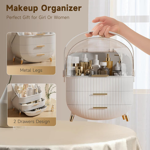 Makeup Storage Organizer with Lid, Waterproof Cosmetics Skincare Organizer for Vanity, Portable Makeup Box (White)