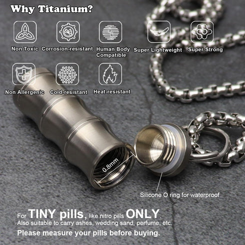 Titanium Small Pill Box Necklace, Mini Waterproof Keychain Pill Holder, Lightweight Pendant for Purse