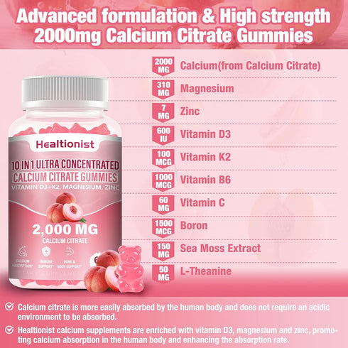 Healtionist 2 Packs 2000mg D3 K2 Gummies Immune 120 Counts Gummies Calcium Citrate with Vitamin Supplements for Women