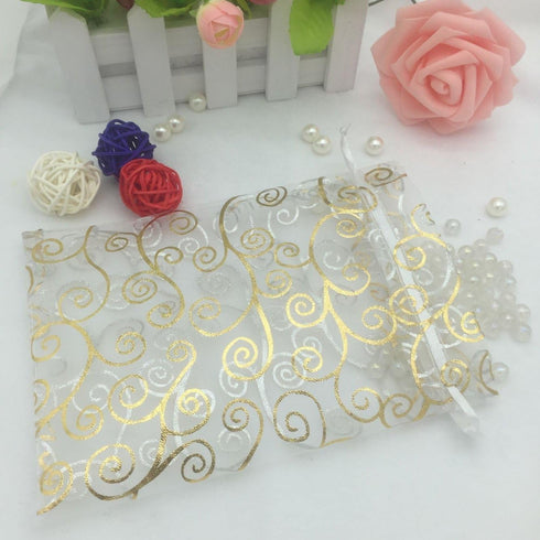 100pcs Sheer Organza Favor Bags - Wedding Baby Shower Rattan Print Gift Bags, 3.5x4.5 inch, White